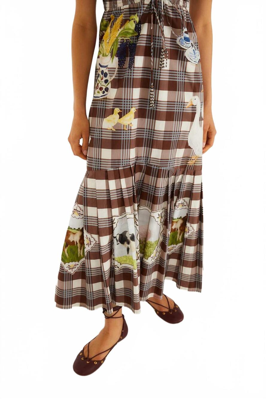 NEW FARM RIO country table tartan midi smocked dress in brown multi - Picture 5 of 5